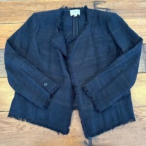 Ann Taylor LOFT Black Weave Knit Fringe Open Front Blazer Jacket Size 6
